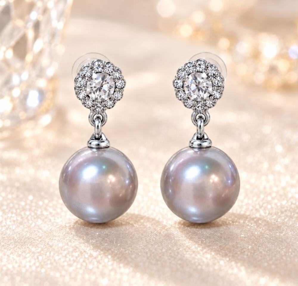 925 Silver Post Gray Pearl Rhinestone Dangle Drop Stud Earrings new